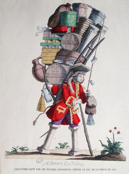 رسم كاريكاتوري لهنري جاك نومبار دي كومون (1675-1726) ، خامس دوك دي لا فورس ، صنعه "Epiciers Droguistes" (أمناء المخازن العامة والبقالة) بواسطة المدرسة الفرنسية