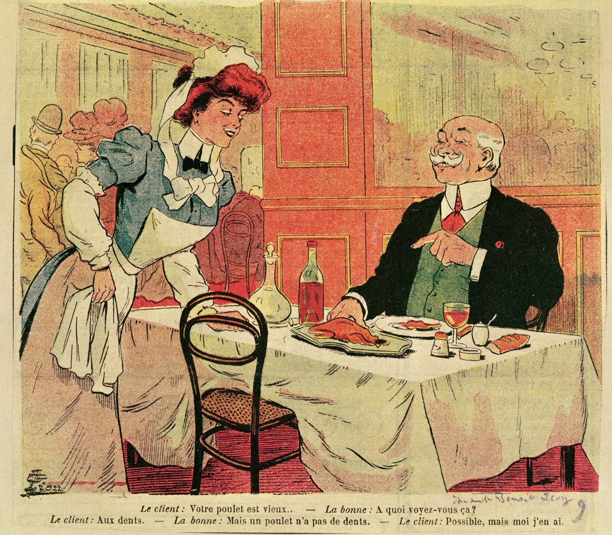 رسم كاريكاتوري للعميل ونادلة في مطعم ، حوالي 1905 بواسطة المدرسة الفرنسية