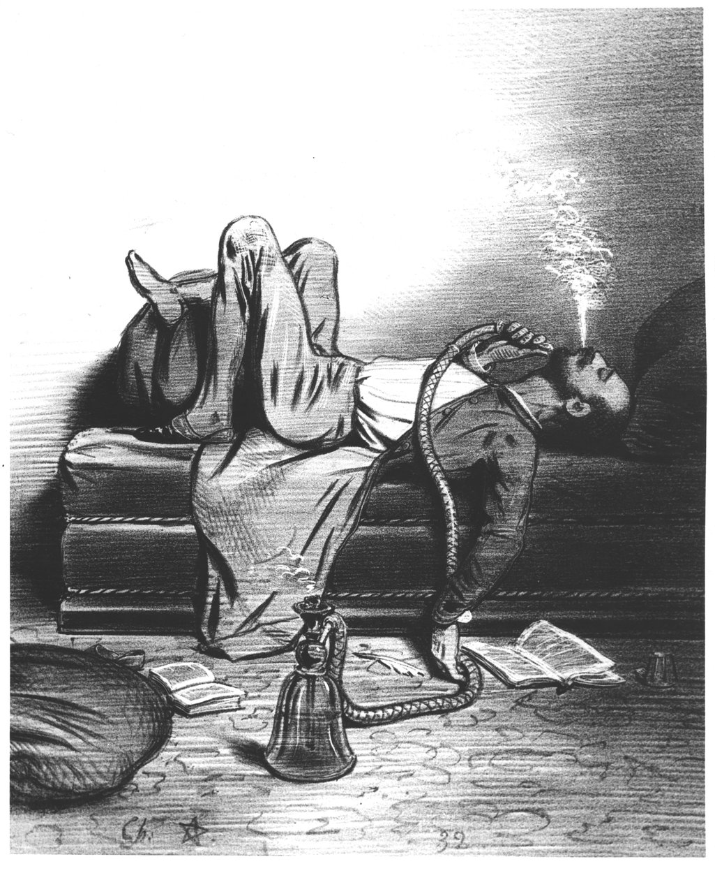 كاريكاتير الكاتب الرومانسي يبحث عن إلهامه في الحشيش ، ج. 1849 بواسطة المدرسة الفرنسية