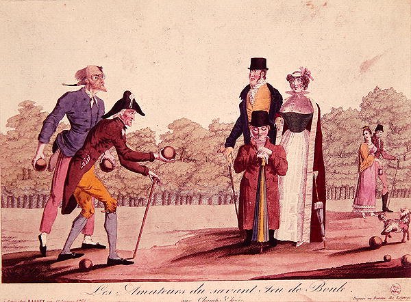 رسم كاريكاتوري للعبة السلطانيات (Le Jeu de Boules) ، أوائل القرن التاسع عشر (لون ليثو) بواسطة المدرسة الفرنسية