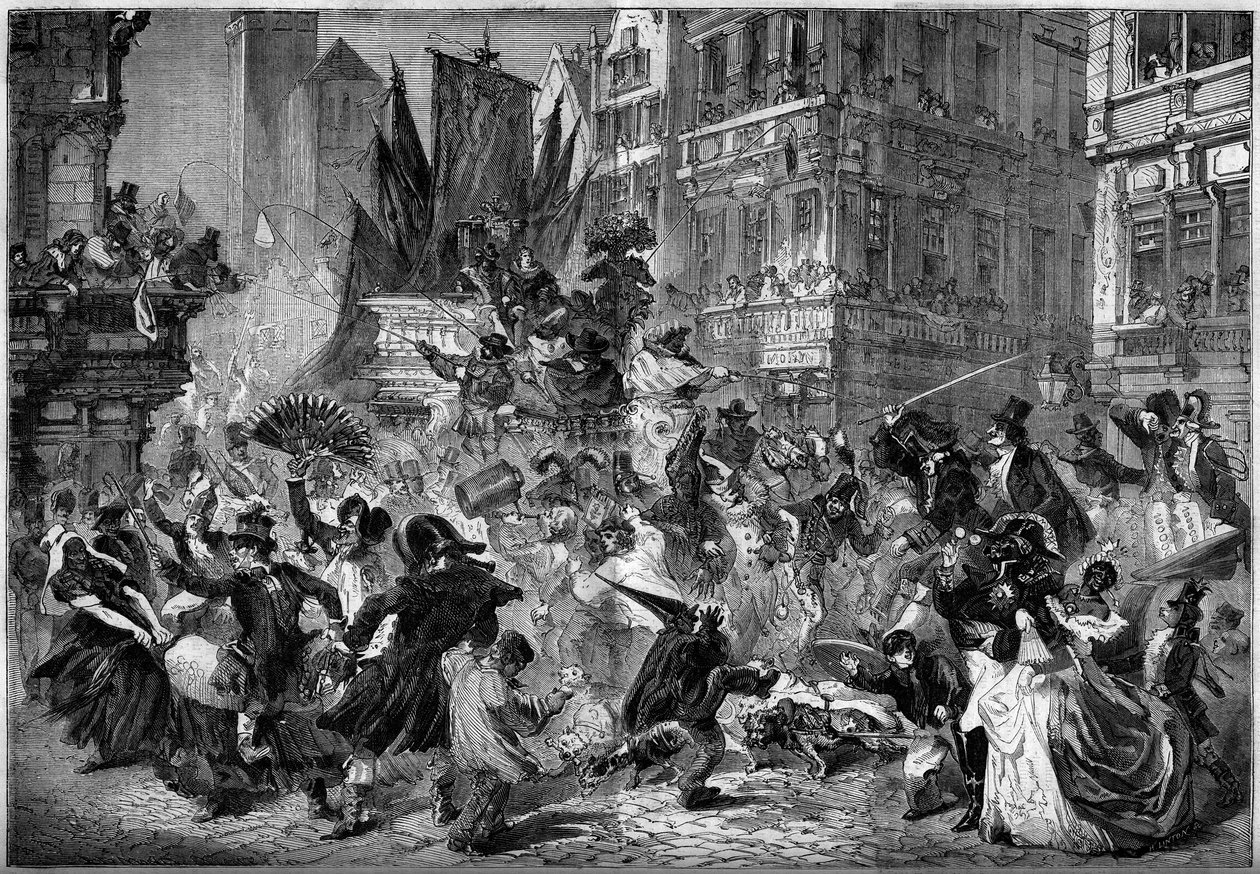 مشهد الكرنفال في شوارع أنتويرب (بلجيكا) عام 1860. نقش في "" Le Monde Illustré "رقم 151 بتاريخ 3 مارس 1860. بواسطة المدرسة الفرنسية
