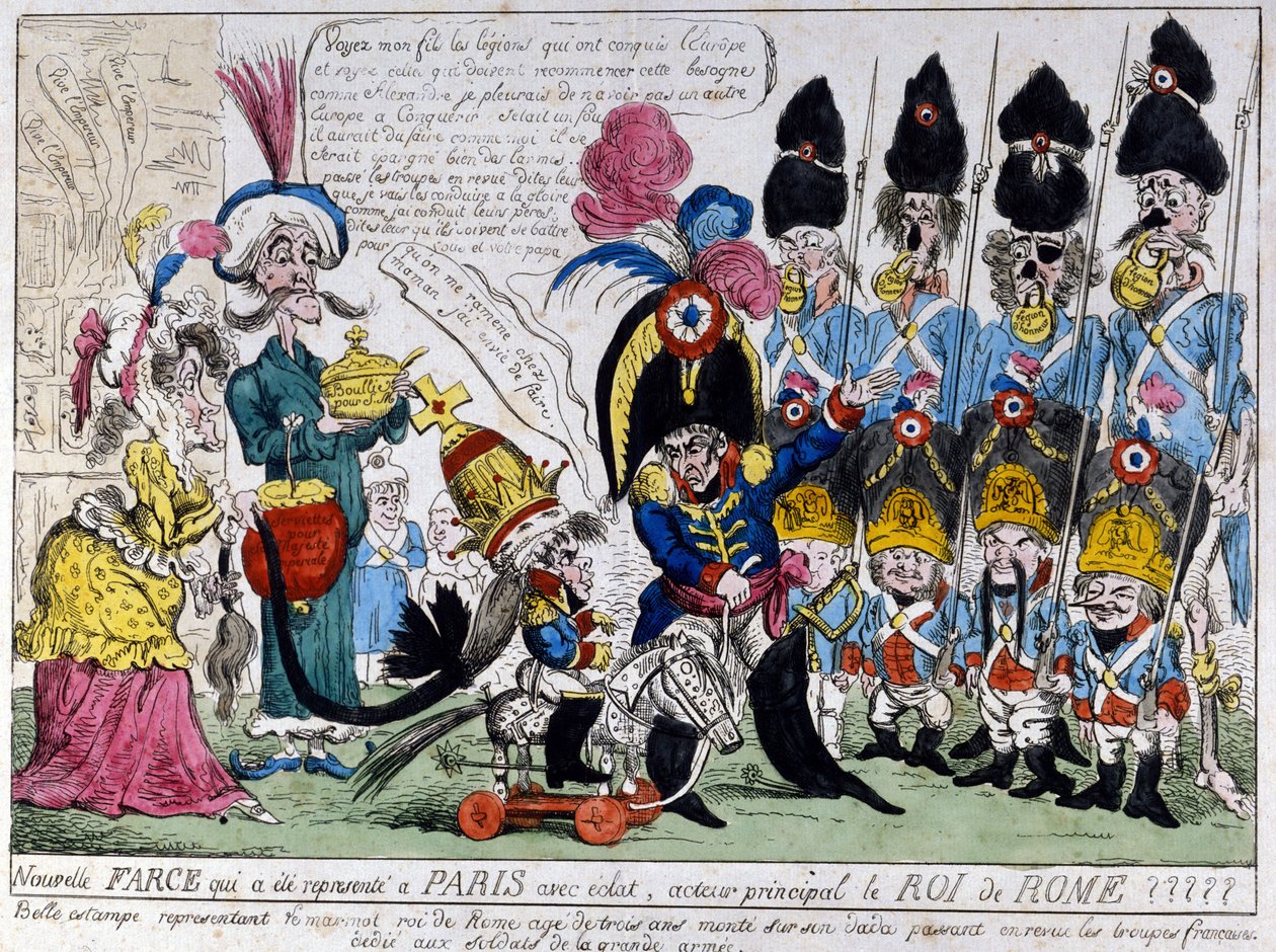 رسم كاريكاتوري عن نابليون الأول (1769 - 1821) وابنه ملك روما (1811 - 1832): يستعرض الأخير على حصانه الهزاز قوات الجيش الفرنسي مع والده. طبعة فرنسية من القرن التاسع عشر. بواسطة المدرسة الفرنسية