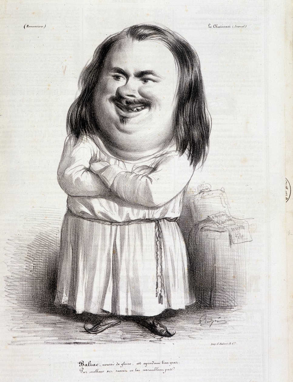 رسم كاريكاتوري لـ Honore de Balzac (1799-1850) والراهب - في "Charivari" من 12/10/1838 B. بواسطة المدرسة الفرنسية