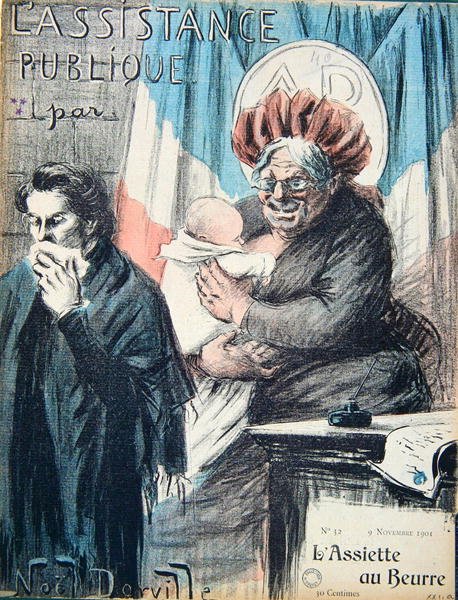 كارتون ينتقد المساعدة الشعبية ، كاريكاتير من 'L'Assiette au Beurre' بواسطة المدرسة الفرنسية