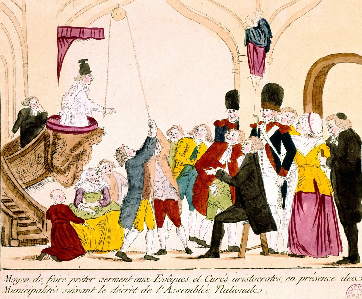 رسم كاريكاتوري يصور الأرستقراطيين ورجال الدين الفرنسيين أثناء أداء قسم الولاء للجمهورية (نقش ملون) بواسطة المدرسة الفرنسية