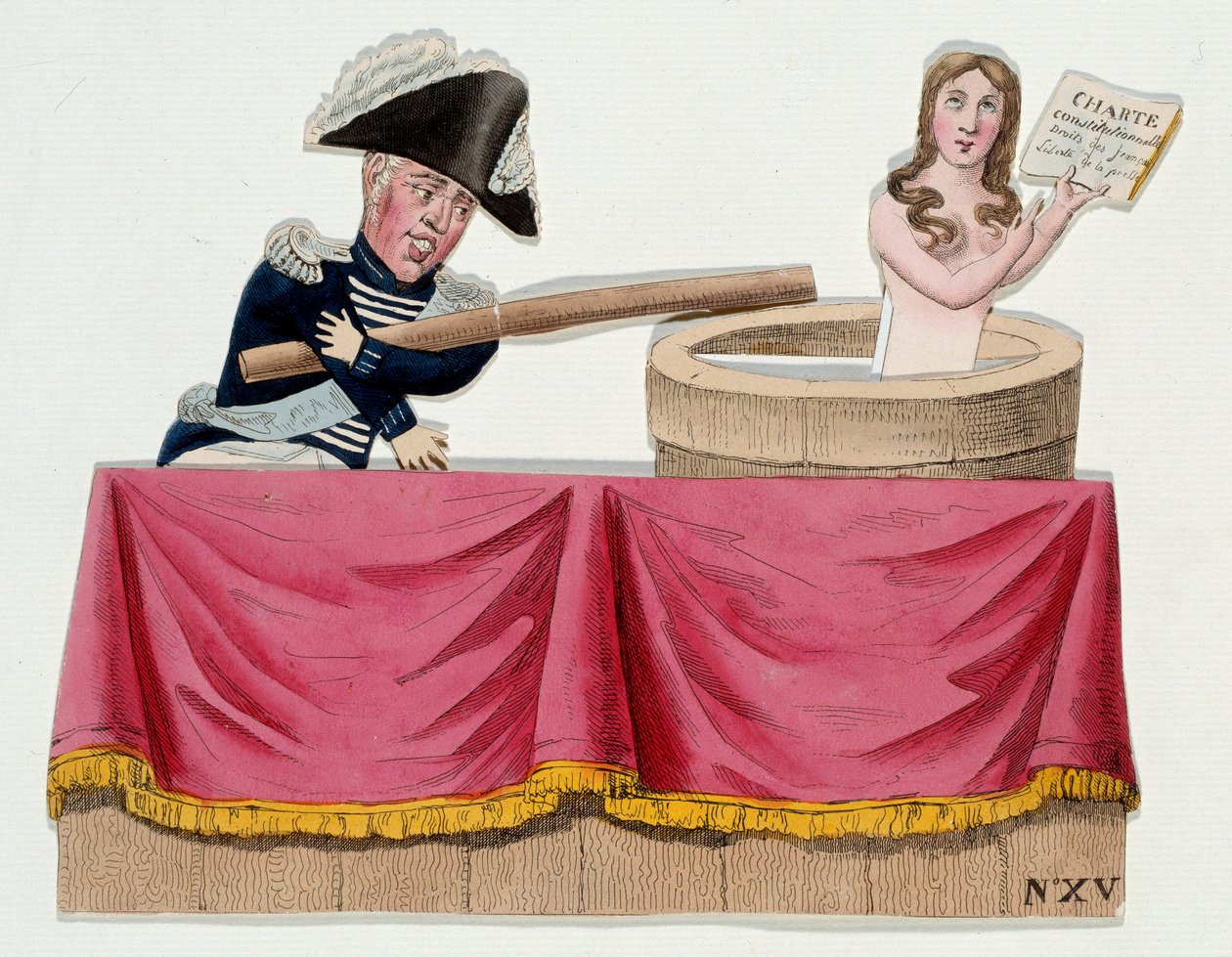رسم كاريكاتوري يصور الملك تشارلز العاشر (1757-1836) على شكل غينول تنكر الميثاق الدستوري في الوقت الذي ألغى فيه الملك حرية الصحافة في يوليو 1830 (مراسيم سانت كلاود). نقش حوالي عام 1830. باريس ، متحف كارنافاليت بواسطة المدرسة الفرنسية