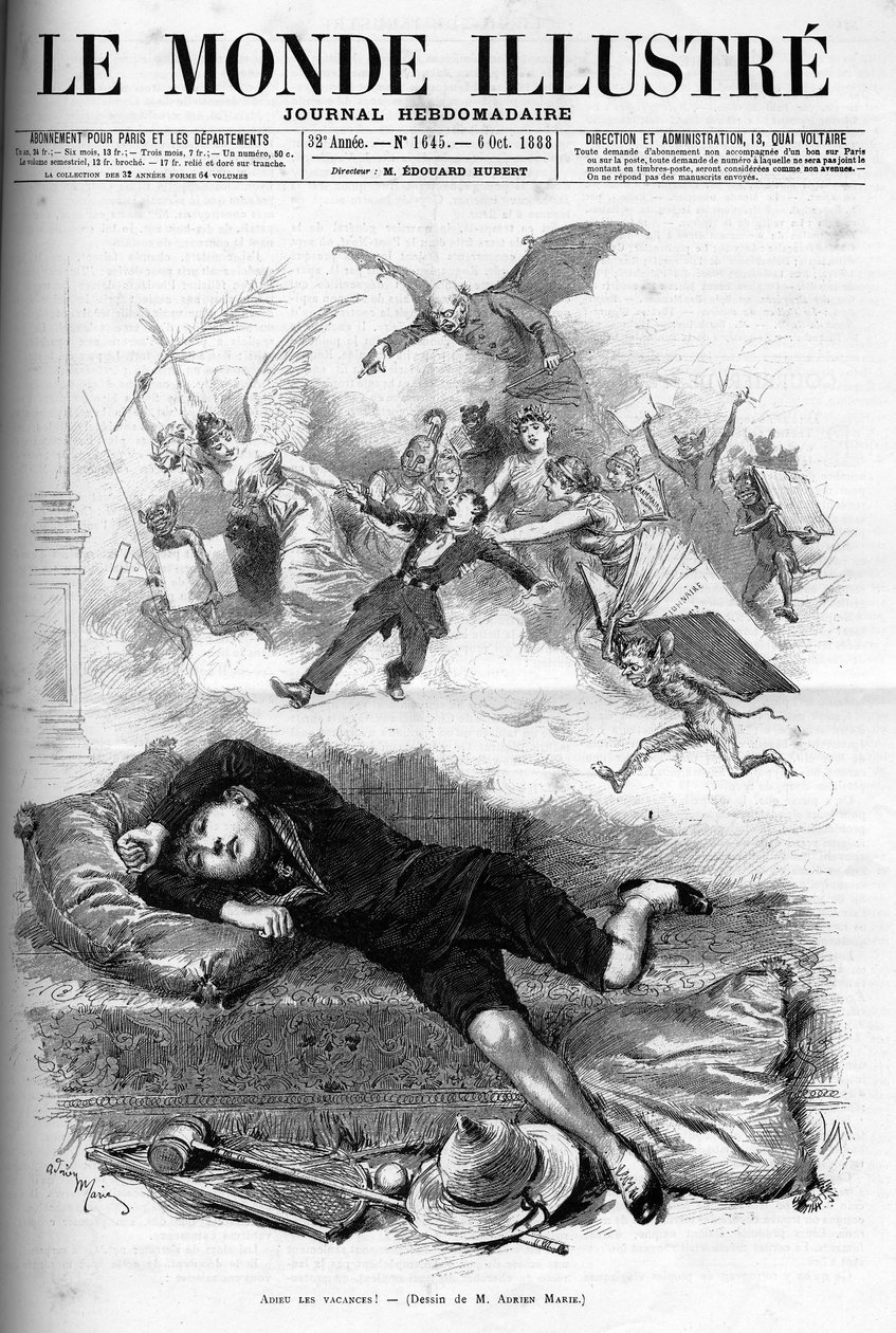 رسم كاريكاتوري لتلميذ شاب يتألق من نهاية الإجازة ويقترب من إيجار الفصل في عام 1888. بواسطة المدرسة الفرنسية