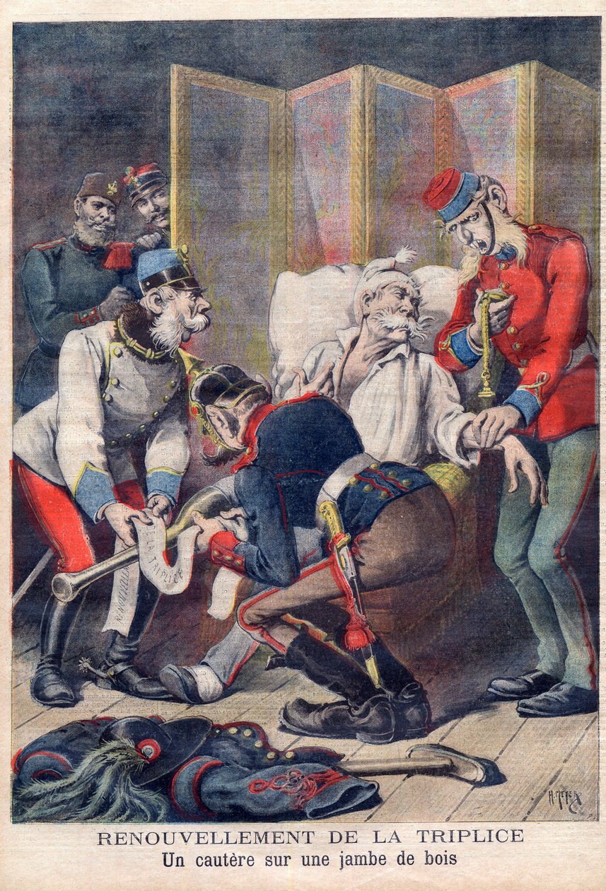 رسم كاريكاتوري للتحالف الثلاثي لألمانيا والنمسا وإيطاليا ، من Le petit Journal ، يونيو ١٨٩٦ بواسطة المدرسة الفرنسية