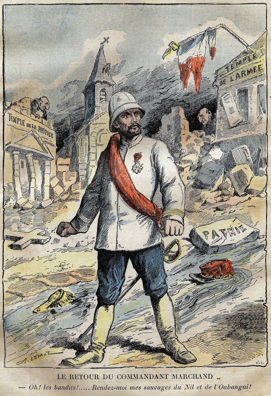 Cartoon on commander Jean-Baptiste (Jean Baptiste) Marchand (1863-1934), in Toulon, returning from an exploration mission (1896-1899) in Africa. Engraving in “” Le Pelerin”” 4/06/1899. بواسطة المدرسة الفرنسية