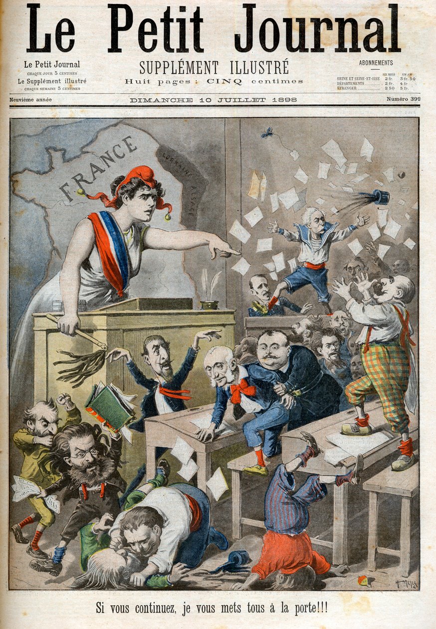 رسم كاريكاتوري بناء على أوامر من مجلس النواب - مجلة لو بيتي ، يوليو 1898. - ماريان والطبقة السياسية. في الوسط ، بول ديروليد (1846-1914) ، جول ميلين (1838-1925) ، إدوارد درومون (1844-1917) - إذا تابعت ، سأضعكم جميعًا في بواسطة المدرسة الفرنسية