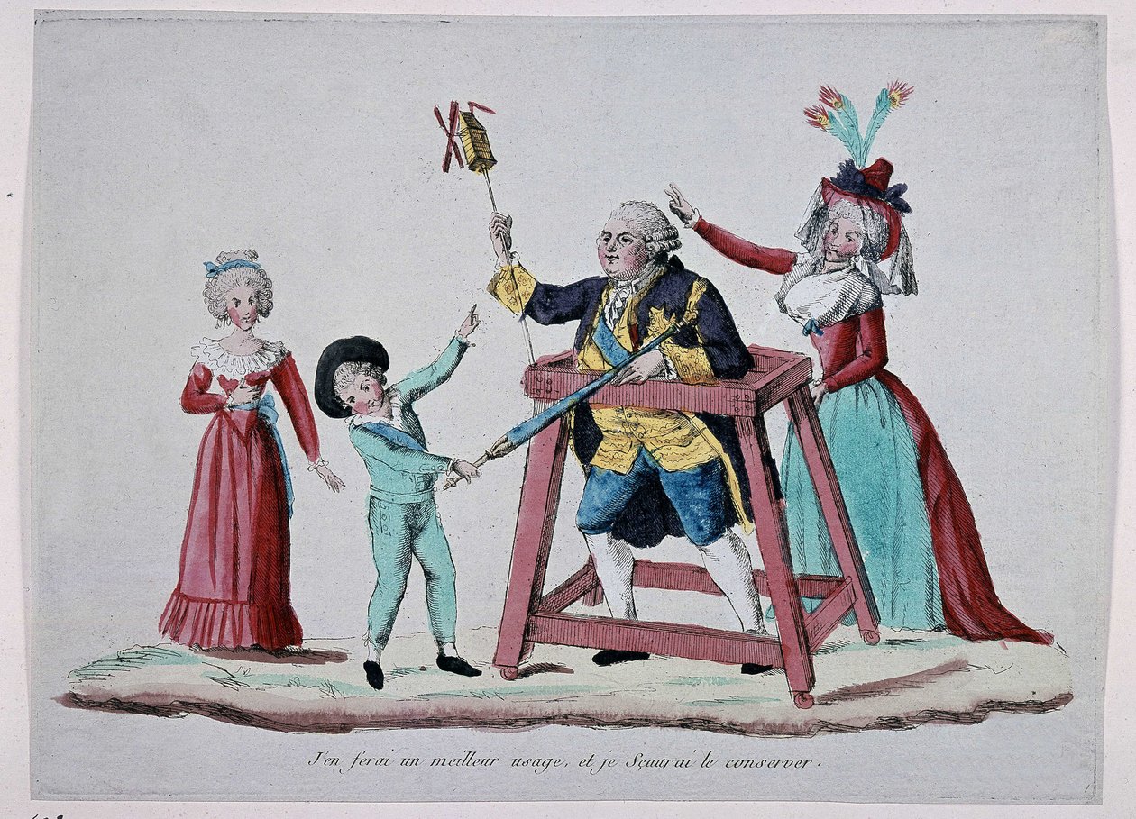 رسم كاريكاتوري عن العائلة المالكة (لويس السادس عشر وماري أنطوانيت مع أطفالهما) أثناء الثورة الفرنسية ، حوالي عام 1790 - متحف كارنافالي بواسطة المدرسة الفرنسية