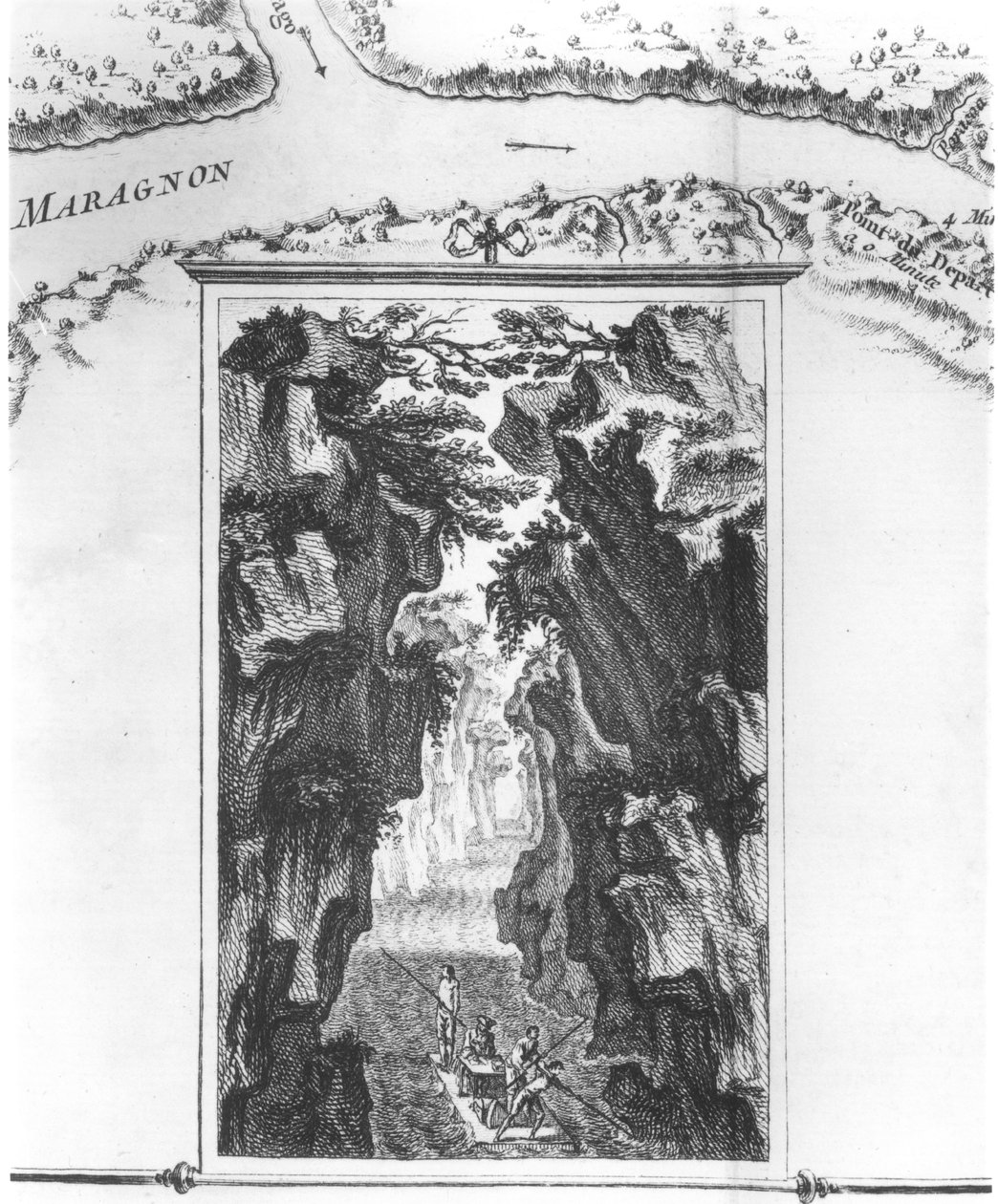 كارتوش يصور La Condamine على طوف في الأمازون ، على خريطة تسمى Carte du Detroit تسمى Pongo de Manseriche في Maragnon أو نهر الأمازون ، التوضيح من Histoire de lAcadem بواسطة المدرسة الفرنسية