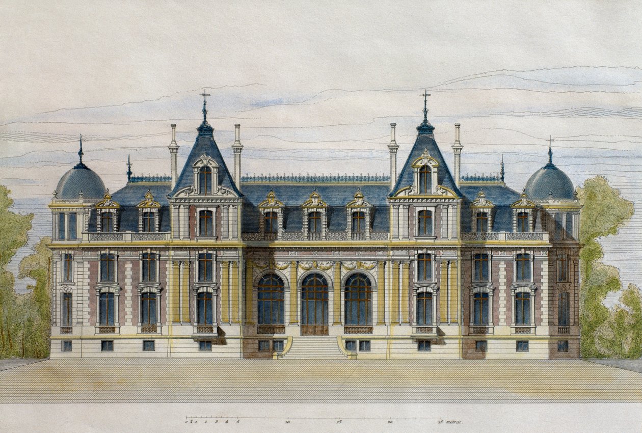 قلعة Neuflize تنتمي إلى Pate Brothers ، واجهة حديقة ، رسم توضيحي من Le Moniteur des architectes ، 1884 ، منقوش بواسطة F. Penel (نقش الألوان) بواسطة المدرسة الفرنسية