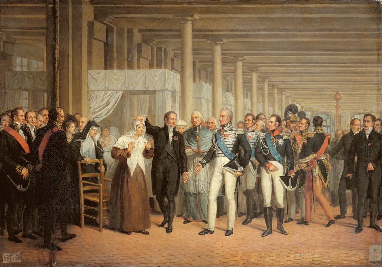 عملية إعتام عدسة العين التي قام بها غيوم دوبويترن (1777-1835) بحضور الملك تشارلز العاشر (1757-1836) في فندق ديو بواسطة المدرسة الفرنسية