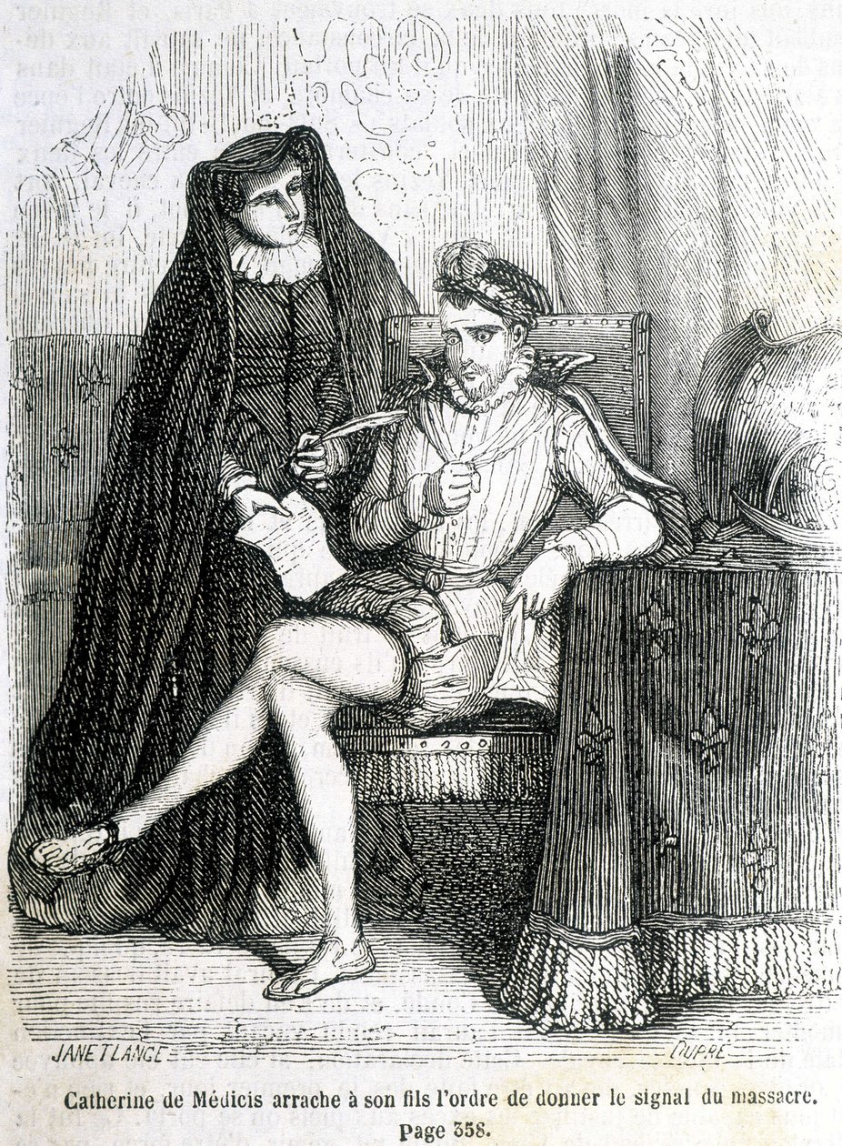 كاترين دي ميديشي (كاترينا دي ميديشي) تمزق من ابنها (تشارلز التاسع) الأمر لإعطاء إشارة لمذبحة القديس بارتيليمي عام 1572 - في "تاريخ فرنسا" بقلم L.-P. Anquetil بواسطة المدرسة الفرنسية