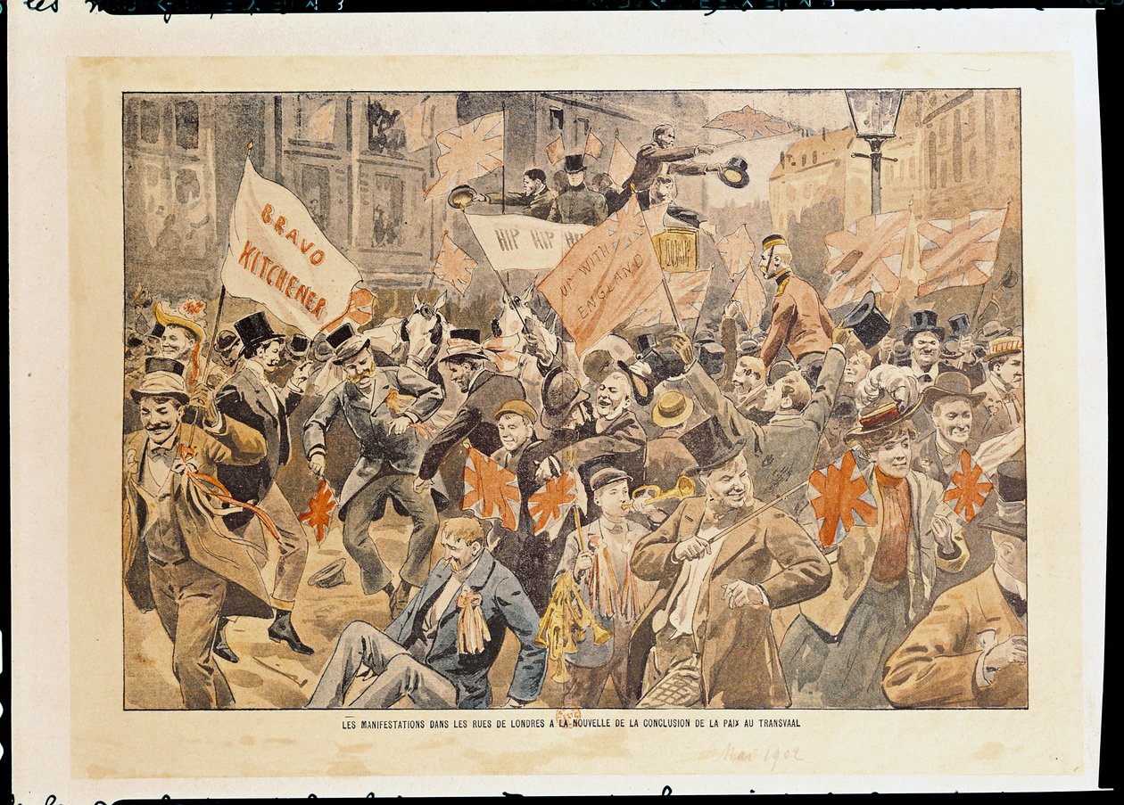 الاحتفالات في شوارع لندن بعد أنباء إبرام السلام في الترانسفال ، مايو 1902 (طباعة) بواسطة المدرسة الفرنسية