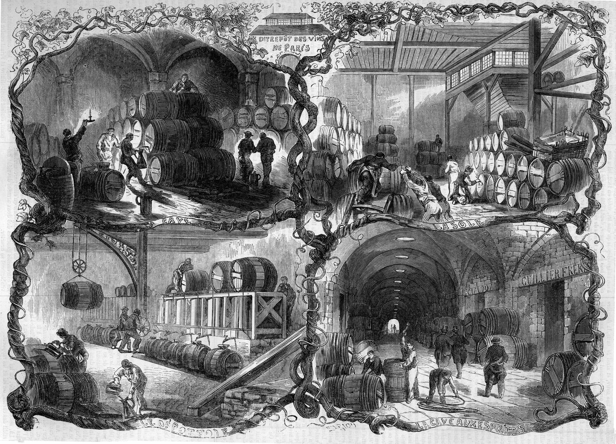 أقبية من المستودع للخمور ومياه البحر (eaux-de-vie) في باريس ؛ 1858. نقش في "Le Monde Illustré" رقم 46 بتاريخ 27 فبراير 1858. بواسطة المدرسة الفرنسية
