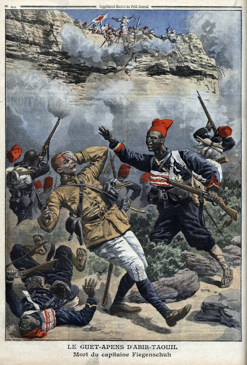 تشاد ، كمين في Abir Taouil (Abir-Taouil) ، وفاة النقيب Fiegenschuh ، رسم توضيحي من Le petit Journal ، ملحق illustrique ، 6 مارس 1910 بواسطة المدرسة الفرنسية