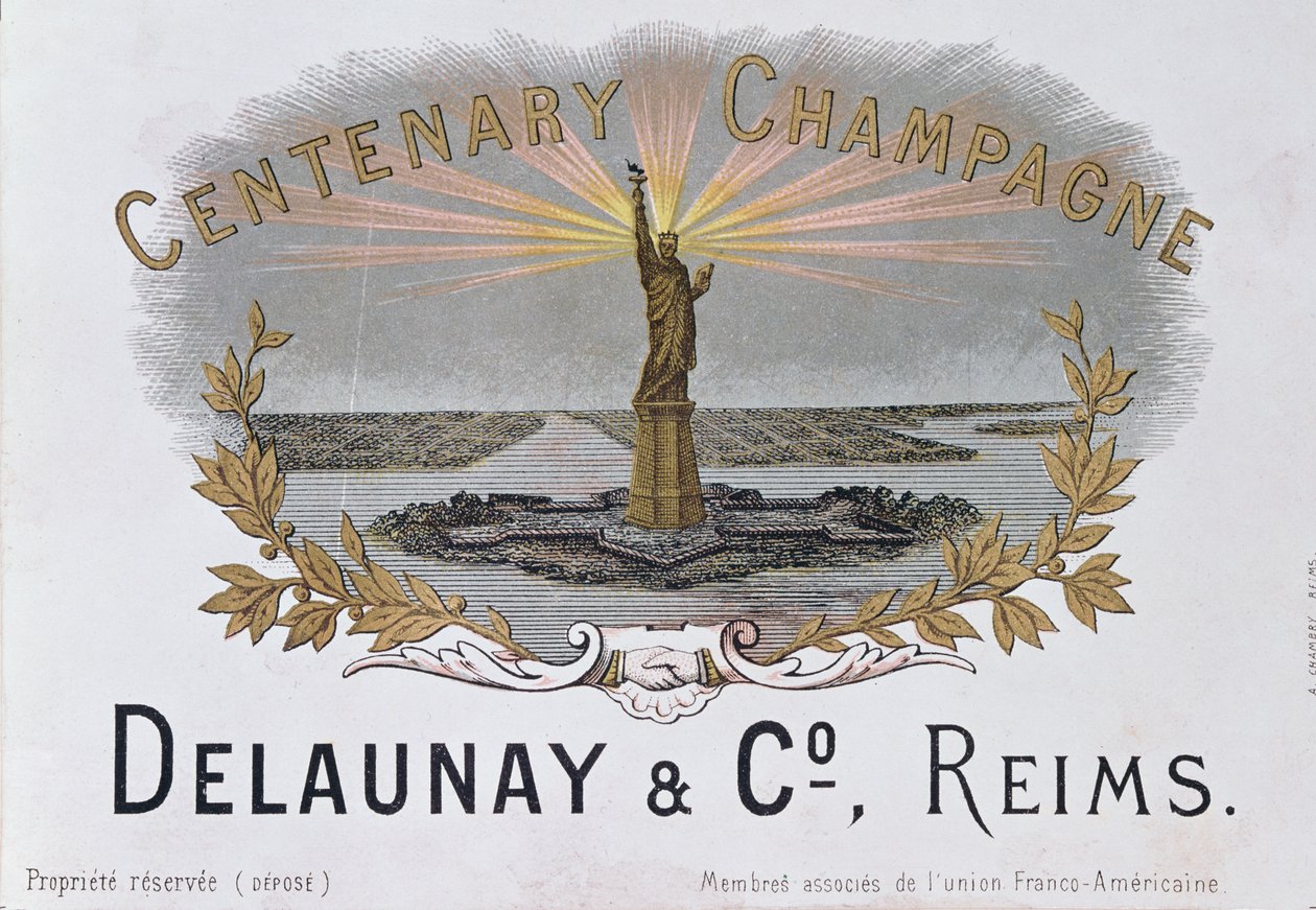 تسمية الشمبانيا من منزل Delaunay & Co. تحتفل بالذكرى المئوية للاستقلال الأمريكي وتصوير تمثال الحرية ، c.1876 بواسطة المدرسة الفرنسية