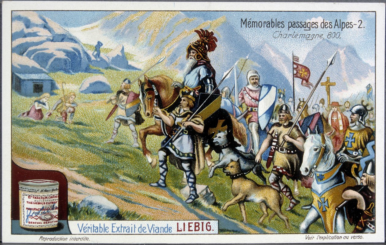 Charlemagne and his army crossed the Alps in 800 - Liebig chromolithography, beginning of the 20th century. بواسطة المدرسة الفرنسية