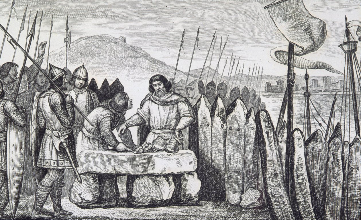 تشارلز الثالث الدهون (839-88) يدفع سداد غزاة الفايكنج في 886 ، من "هيستوار دي فرانس" من قبل كولارت ، نُشر عام 1840 (النقش) بواسطة المدرسة الفرنسية
