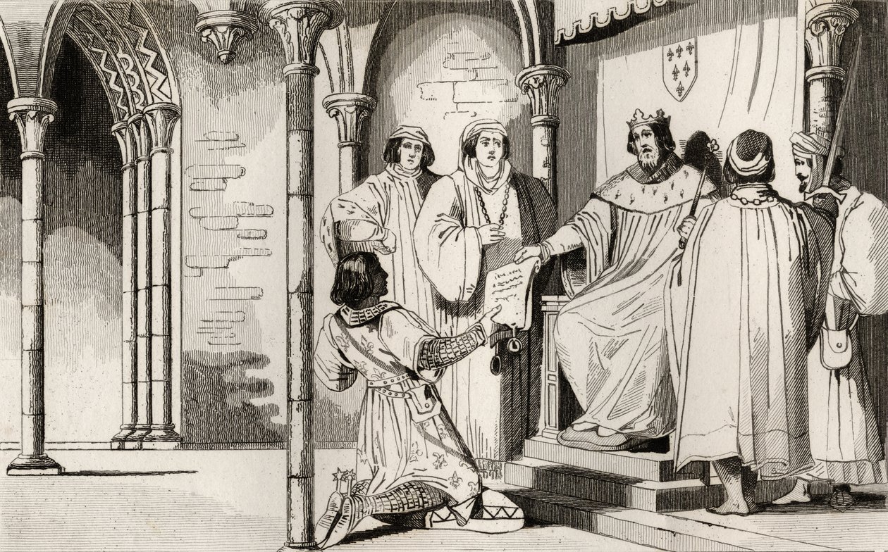 تشارلز الرابع (1294-1328) يتلقى الوسيم التماساً في المحكمة ، من "تاريخ فرنسا" من قبل كولارت ، نُشر عام 1840 (النقش) بواسطة المدرسة الفرنسية