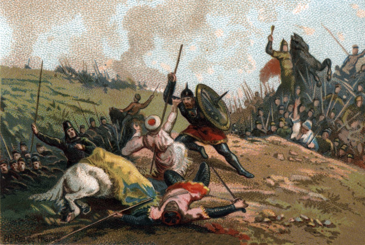 أوقف تشارلز مارتل الغزو وقتل قائد جيش عبد الرحمن الأول أو عبد الرحمن الأول (عبد الرحمن) (731-788) ، زعيم المسلمين. الطباعة الحجرية الملونة حوالي عام 1890. بواسطة المدرسة الفرنسية