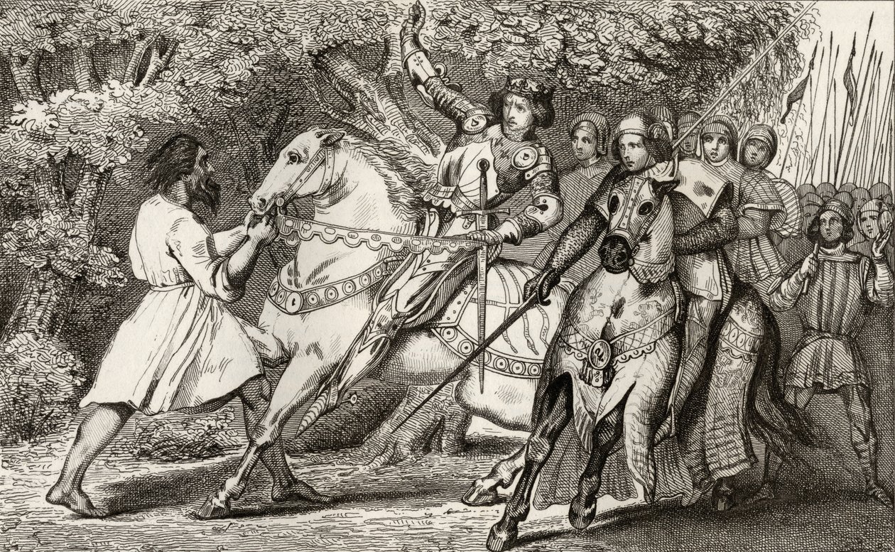 تشارلز السادس (1368-1412) نصح المجنون بكمين في الغابة بالقرب من أنجيه ، من "هيستوار دي فرانس" من قبل كولارت ، نُشر عام 1840 بواسطة المدرسة الفرنسية