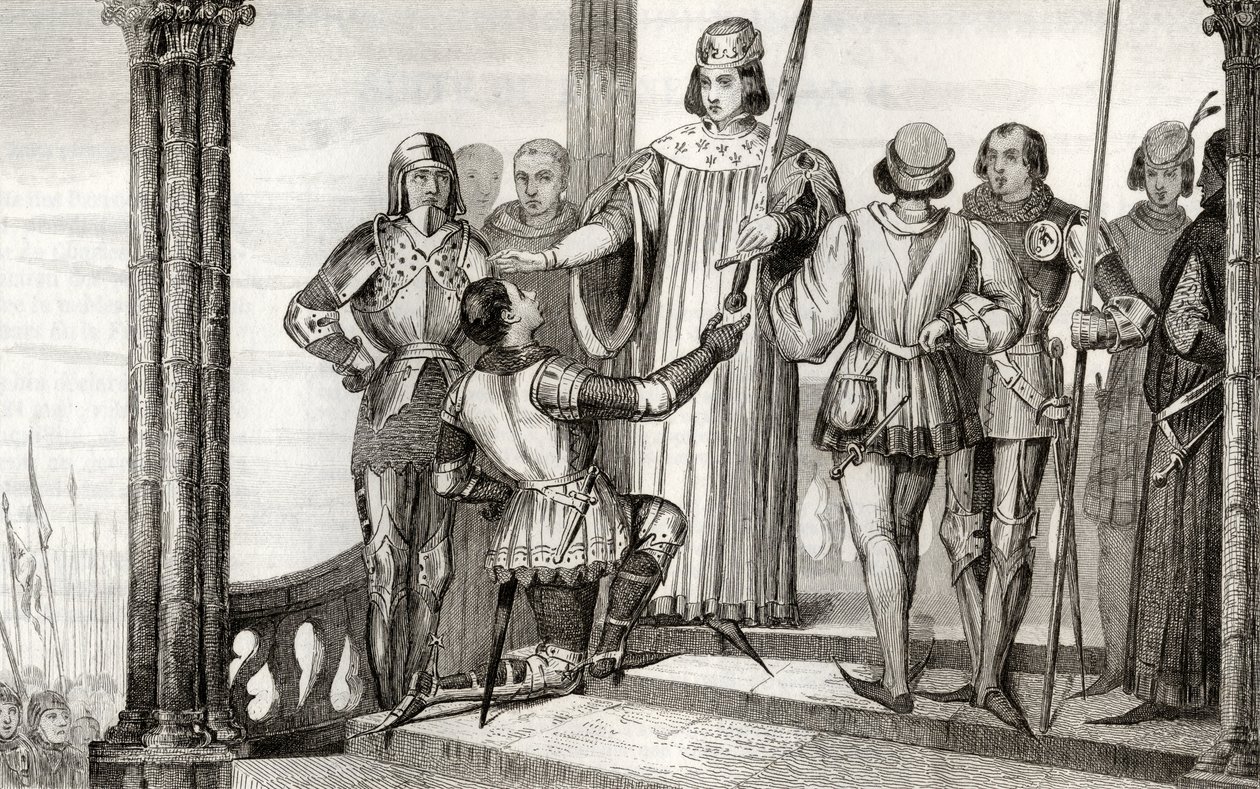 تشارلز الخامس (1358-80) يقدم الحكيم سيفه إلى Duguesdin ، من `` Histoire de France &39;&39; بواسطة Colart ، تم نشره عام 1840 بواسطة المدرسة الفرنسية