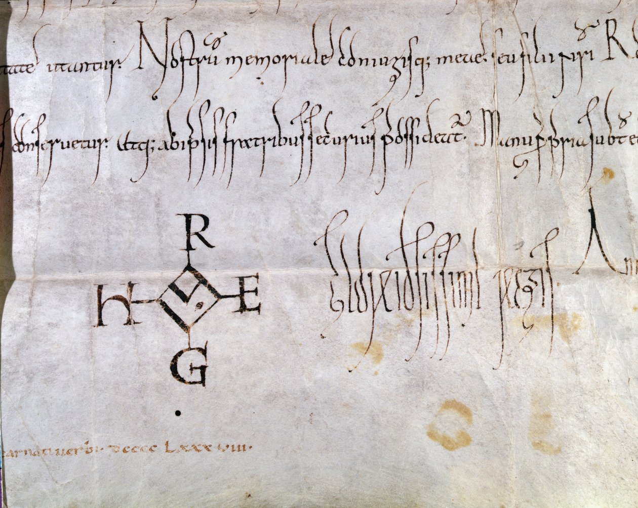 ميثاق موقع من قبل Hugues I Capet (941-996) ، ملك فرنسا ، 988 (قلم حبر وحبر على ورق) (تفاصيل 157461) بواسطة المدرسة الفرنسية