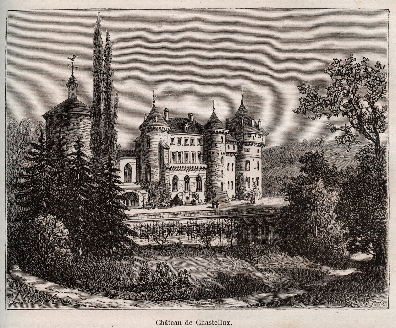 Chateau de Chastellux - Chastellux sur cure ، عنابي - نقش في "La France illustree: الجغرافيا والتاريخ والإدارة الإحصائية" بقلم V.-A. الشعير براون. 1884 بواسطة المدرسة الفرنسية