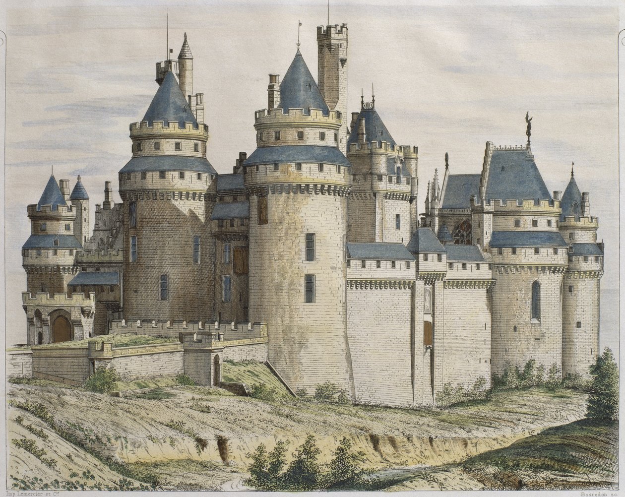 Château de Pierrefonds ، رسم توضيحي من Le Moniteur des architectes ، محفور بواسطة Bosredon (نقش ملون) بواسطة المدرسة الفرنسية