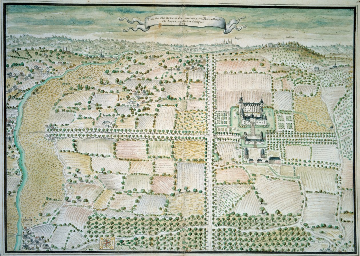 Chateaux de la Loire: "" منظر لقصر Plessis Bourre "" لوحة مائية للمدرسة الفرنسية. 1699 باريس ، بي إن. بواسطة المدرسة الفرنسية