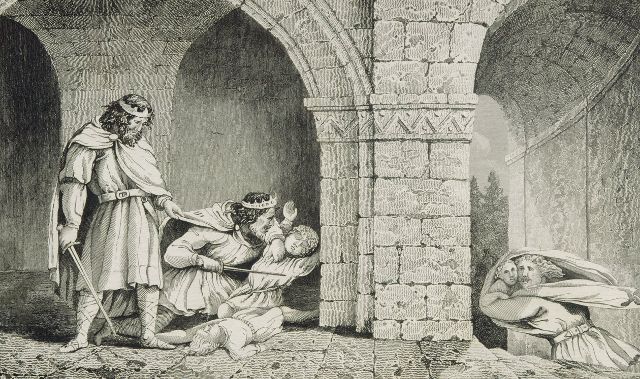 Childebert I (c.498-588) في جريمة قتل ورثة إخوانه ، من "هيستوار دي فرانس" من قبل كولارت ، نُشر عام 1840 بواسطة المدرسة الفرنسية
