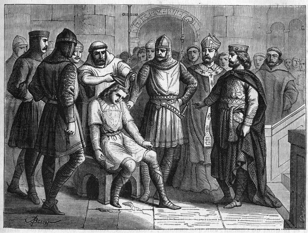 تم حبس Childeric III ، آخر ملوك Merovingian ، من قبل Pepin le Brief ، ملك الفرنجة ، في دير Sithiu ، بالقرب من Saint-Omer ، في 751. حفار من القرن التاسع عشر. بواسطة المدرسة الفرنسية
