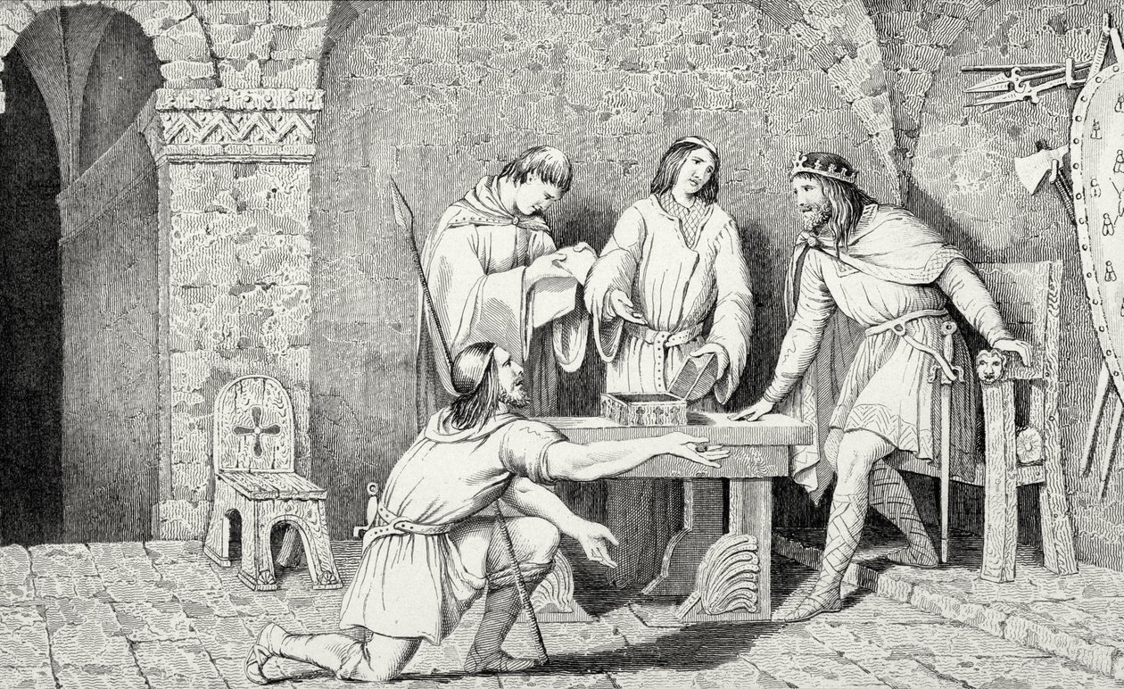 Childeric I (ت 481) وقصة نصفي العملة الذهبية ، من "هيستوار دي فرانس" بقلم كولارت ، تم نشره عام 1840 بواسطة المدرسة الفرنسية