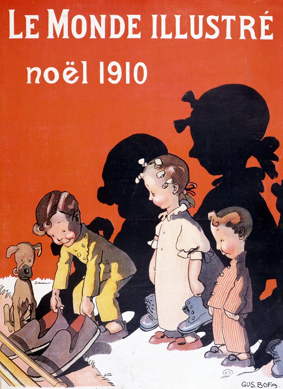 أطفال يلقون أحذيتهم أمام المدفأة في عيد بابا نويل - في "" Le Monde Ilustré " بواسطة المدرسة الفرنسية