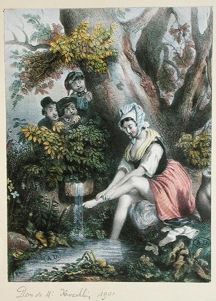 أطفال يتجسسون على فتاة صغيرة تغسل قدميها في مجرى مائي. ج. 1840 (لون ليثو) بواسطة المدرسة الفرنسية