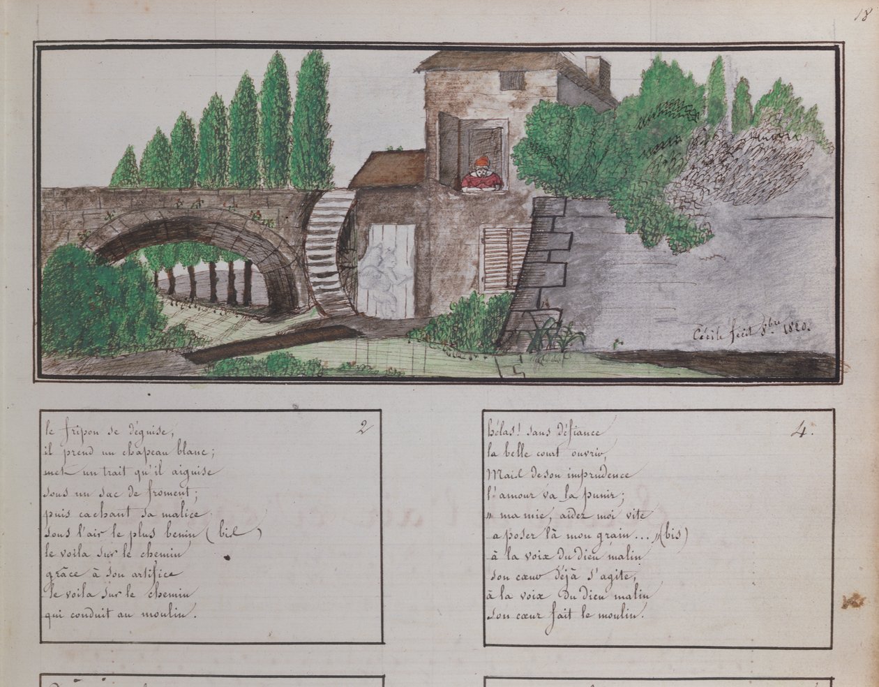 رسم للأطفال لطاحونة مائية ، 1820 (تلوين ومرحاض) بواسطة المدرسة الفرنسية