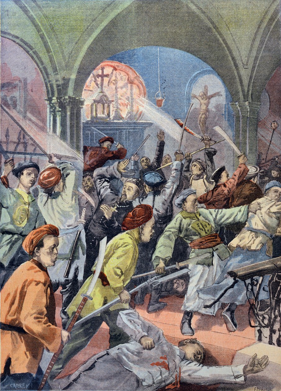 ذبح المسيحيون الصينيون في موكدين من قبل الملاكمين ، من لو بيتيت جورنال ، أغسطس 1900 بواسطة المدرسة الفرنسية