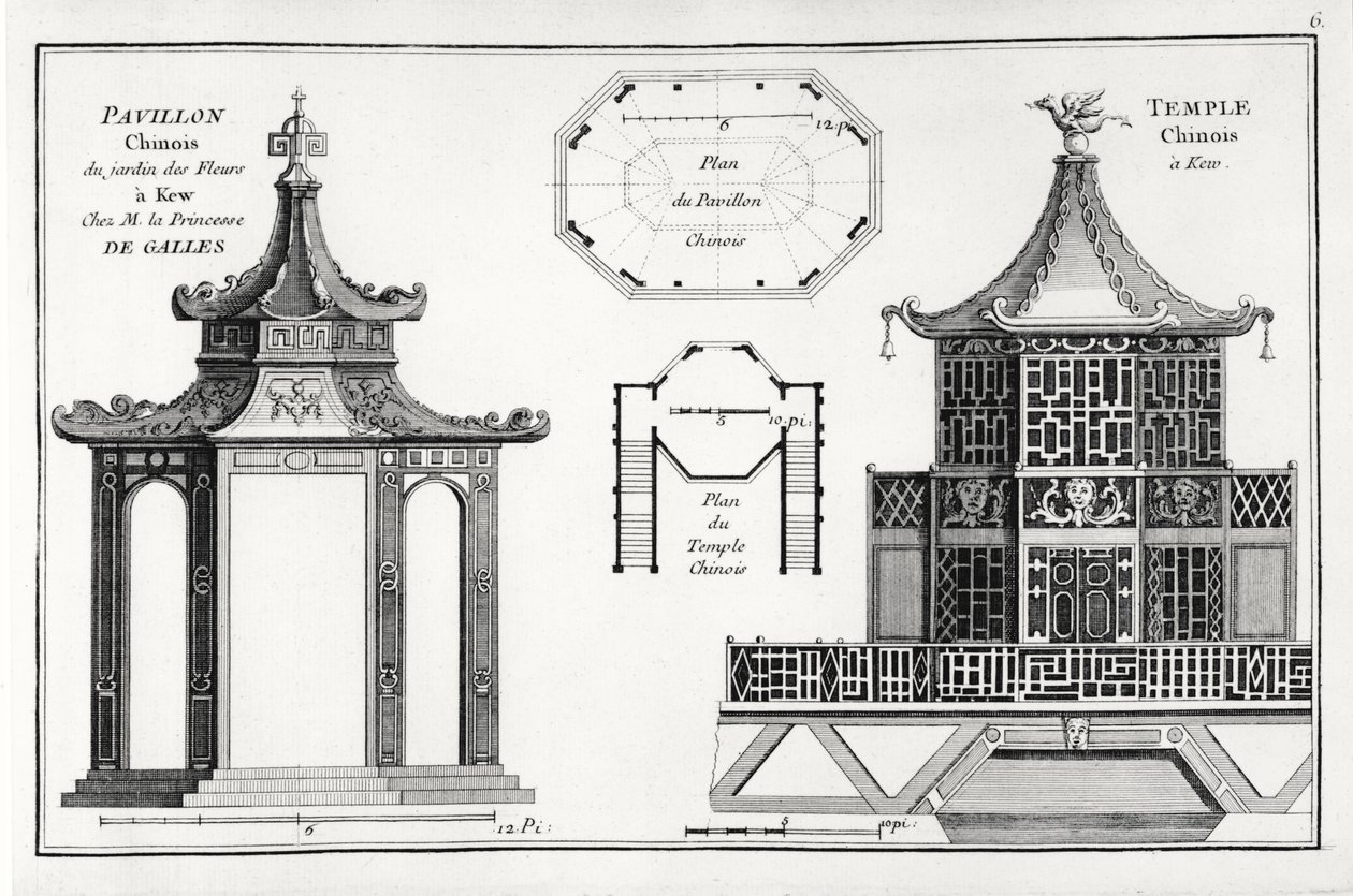 الجناح الصيني في حديقة الزهور في كيو ، من Jardins Anglo-Chinois a la Mode ، بقلم جورج لويس لو روج ، نُشر c.1776-88 بواسطة المدرسة الفرنسية