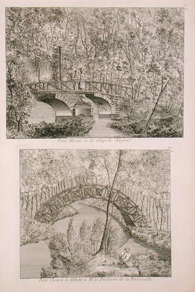 الجسر الصيني في Attichi ، من "Jardins Anglo-Chinois a la Mode" لجورج لويس لو روج ، نُشر عام 1785 (نقش) بواسطة المدرسة الفرنسية