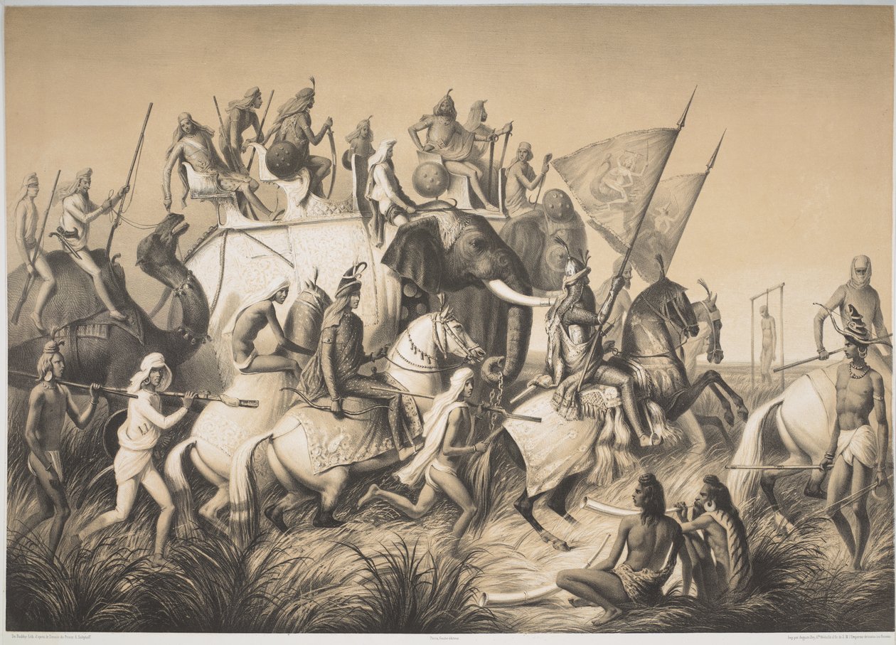 شير سينغ ، مهراجا السيخ مع ملك البنجاب وحاشيته من رحلة في الهند ، حوالي 1850 (ليثو) بواسطة المدرسة الفرنسية