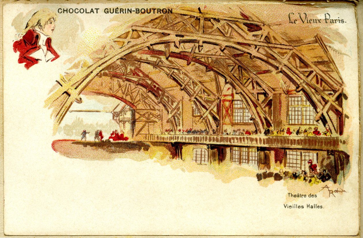 الشوكولاته Chromolithography شوكولاتة Guerin Boutron ، THE OLD PARIS ، Théâtre des Vieilles halles بواسطة المدرسة الفرنسية