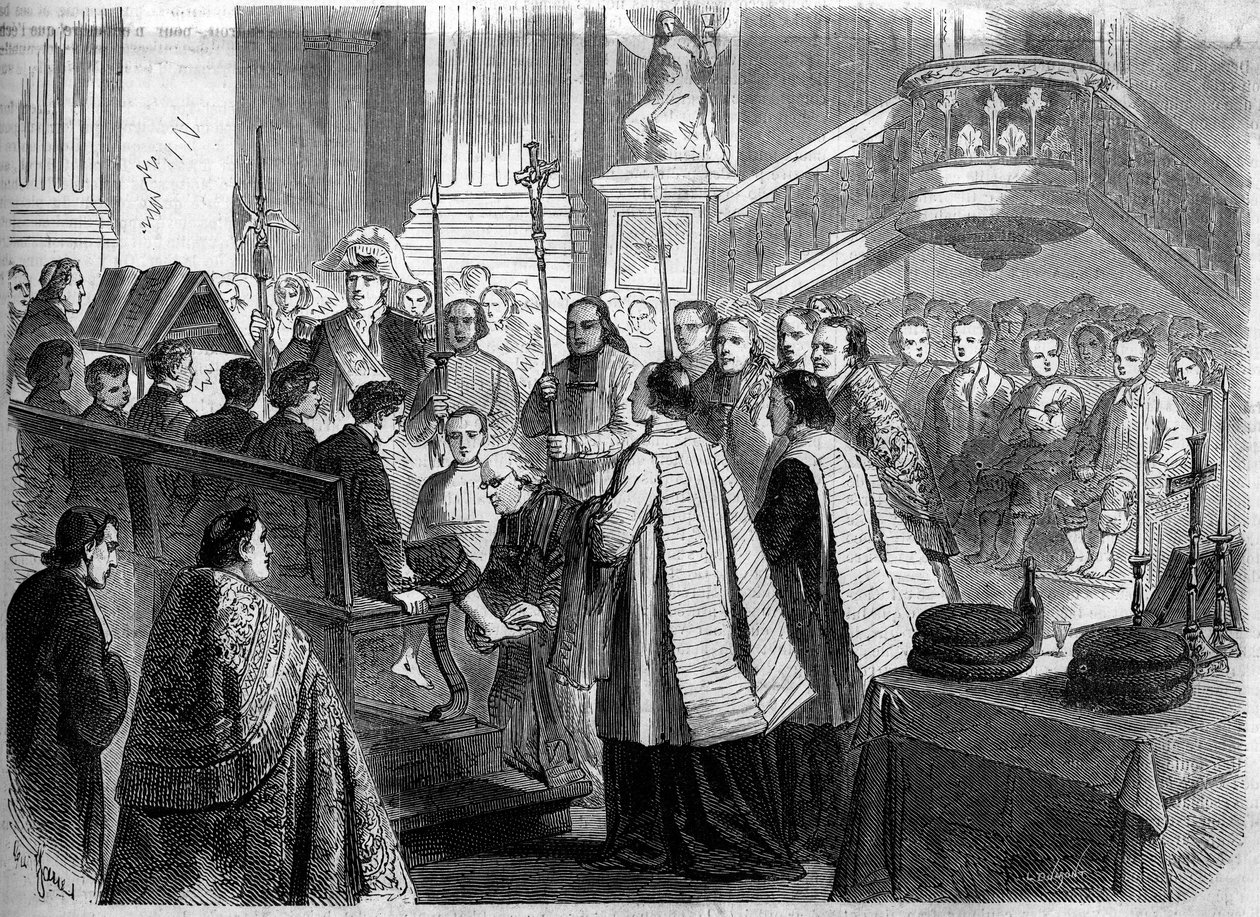 الطقس المسيحي - الخميس المقدس - 1860: غسل القدمين في كنيسة القديس سولبيس في باريس. نقش في "" Le Monde Illustré "" رقم 156 بتاريخ 7 أبريل 1860. بواسطة المدرسة الفرنسية
