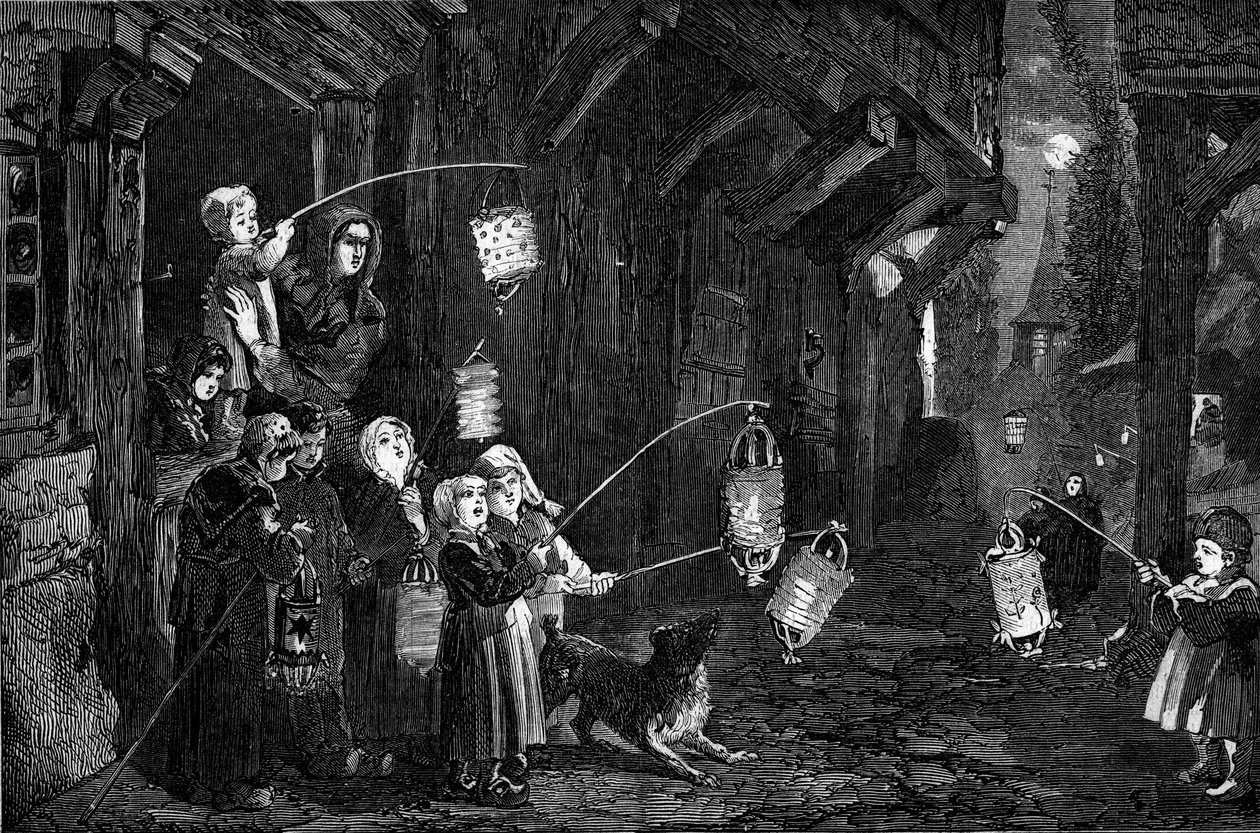العادات المسيحية - عيد الغطاس - 1860: أطفال قرية في نورماندي مع الفوانيس يسيرون في الشوارع. نقش في "" Le Monde Illustré "" رقم 143 بتاريخ 7 يناير 1860. بواسطة المدرسة الفرنسية
