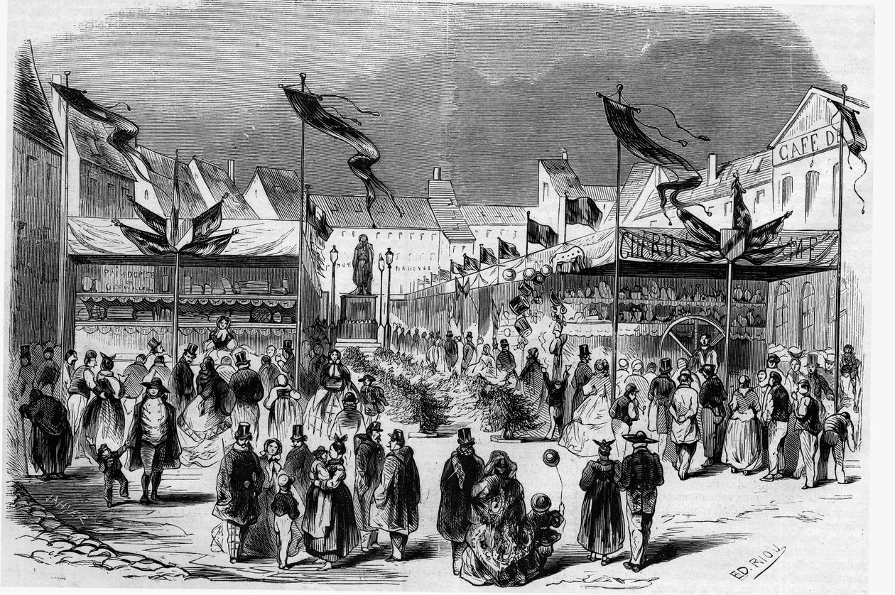 مهرجان عيد الميلاد في الألزاس: معرض عيد الميلاد (يسوع الصغير) في ستراسبورغ عام 1857. نقش في "" Le Monde Illustré "" رقم 38 في 2 يناير بواسطة المدرسة الفرنسية