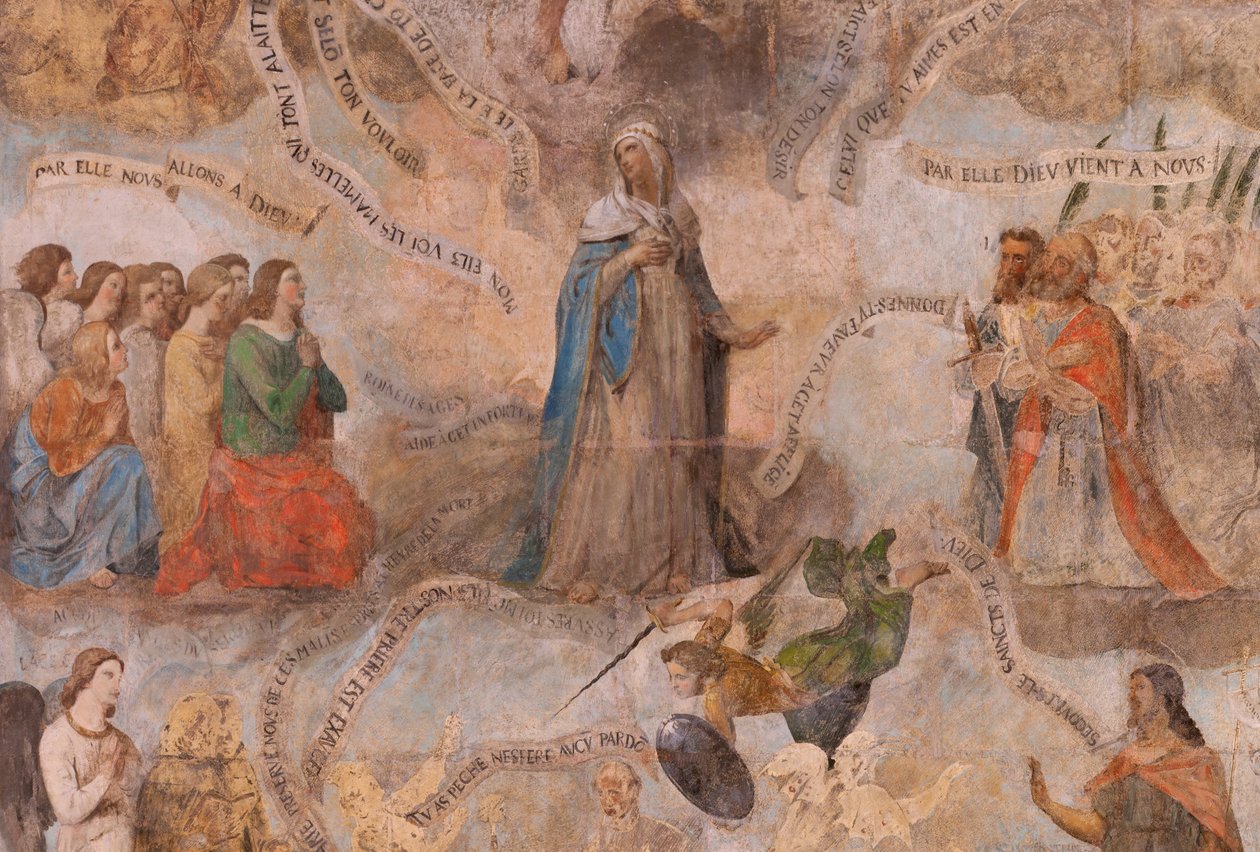 الكنيسة (إجليس سان جان بابتيست). الداخلية. مصلى سان فورسي. اللوحات الجدارية. تمجيد مريم (اللوحة الجصية المعروفة باسم الموت الصالح). بداية القرن السابع عشر. بواسطة المدرسة الفرنسية