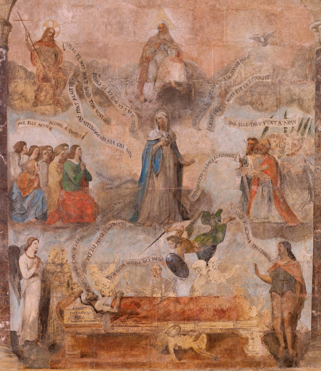 الكنيسة (إجليس سان جان بابتيست). الداخلية. مصلى سان فورسي. اللوحات الجدارية. تمجيد مريم (اللوحة الجصية المعروفة باسم الموت الصالح). بداية القرن السابع عشر. بواسطة المدرسة الفرنسية