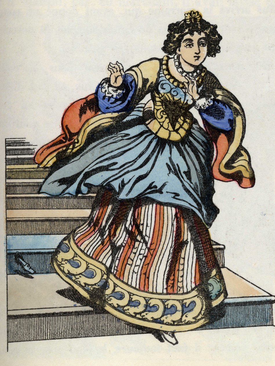 تظهر سندريلا وهي تهرب من الكرة في حذاءها الزجاجي. رسم توضيحي لقصة تشارلز بيرولت "Cinderella or La petite slipper de verre" بواسطة المدرسة الفرنسية